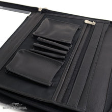 Load image into Gallery viewer, Angled close up to the black leather portfolio's organization pockets. 
