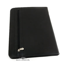 Load image into Gallery viewer, Angled front view of the black leather portfolio. It features a vertical zipper closing pocket. 
