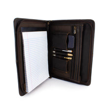 Load image into Gallery viewer, Interior view of a brown leather portfolio with a letter pad, three pens, and a cellphone arranged in the compartments. 
