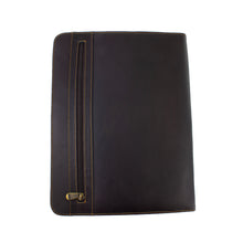 Load image into Gallery viewer, Front view of the back side of the brown leather portfolio. It features a vertical zipper-closing pocket. 
