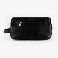 Load image into Gallery viewer, Front view of the black leather toiletry bag. It has zipper-closing pocket. 
