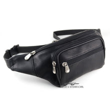 Load image into Gallery viewer, Angled front view of the black leather waist pack with three zipper-closing pockets. 
