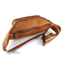 Load image into Gallery viewer, Angled back view of the tan leather waist pack. It has a zipper-closing pocket. 
