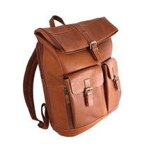 Load image into Gallery viewer, Angled front view of the tan leather rucksack with three decorative buckles and two front pockets. 
