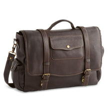 Load image into Gallery viewer, Angled front view of the brown leather briefcase on a white background. 
