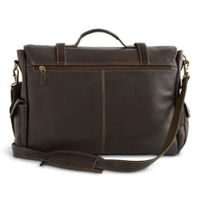 Load image into Gallery viewer, Back panel view of the brown leather briefcase with the shoulder strap resting in front of it. 
