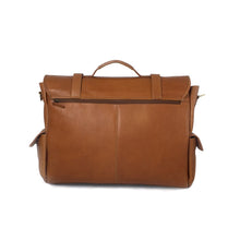 Load image into Gallery viewer, Back panel view of the tan leather briefcase on a white background. 
