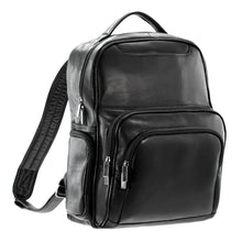Load image into Gallery viewer, Angled front view of the black leather backpack with two zipper-closing pockets. 
