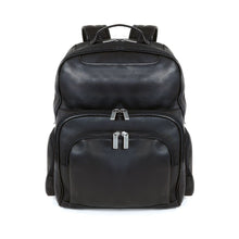 Load image into Gallery viewer, Front panel view of the black leather backpack with two zipper-closing pockets. 
