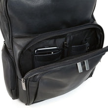 Load image into Gallery viewer, Interior close up to the black backpack's front pocket. A cellphone and pen are tucked in the dedicated compartments.
