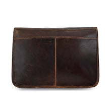 Load image into Gallery viewer, Back panel view of the brown leather messenger bag. 
