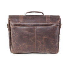 Load image into Gallery viewer, Back view of the brown distressed leather flap briefcase. 
