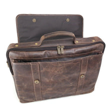 Load image into Gallery viewer, Angled front view of the briefcase with the top flap flipped back.
