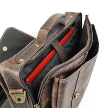 Load image into Gallery viewer, Angled interior view of the briefcase. A laptop is secured inside the inner compartment. 
