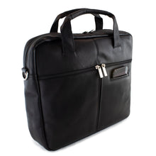 Load image into Gallery viewer, Angled front view of the black leather brief with a double zipper pull and cellphone pocket at the front.
