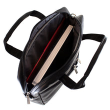 Load image into Gallery viewer, Angled top view of the opened black leather brief. A laptop and a book are stored in the main compartment. 
