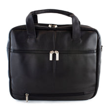 Load image into Gallery viewer, Back panel view of the black leather brief. It has a zipper-closing attachment strap to hold it on to a suitcase's telescopic handle. 

