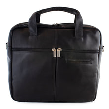 Load image into Gallery viewer, Front view of the black leather brief with two zipper closing compartments, and an open cellphone pocket. 
