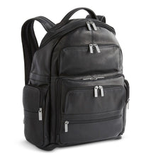 Load image into Gallery viewer, Angled front view of the black leather backpack with multiple zipper-closing compartments. 
