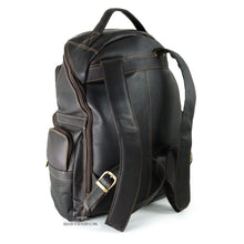 Load image into Gallery viewer, Angled back panel view of the leather laptop brown backpack

