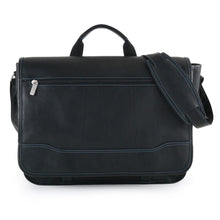 Load image into Gallery viewer, Front view of the black leather messenger bag with blue stitching. The shoulder strap is hanging from the side. 
