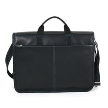 Load image into Gallery viewer, Back panel view of the black leather messenger bag with blue stitching. 
