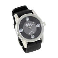 ACME Beatles 1962 Watch.  The face is black with the Beatles logo and the number 1962 over 2012 in the center. It has no numbers, but the 12, 3, 6, and 9 marks are replaced with small portraits of each band member. Set on a white background.