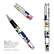 View of the rollerball pen with the cap, and without the cap. The caption reads: Name: 1965. Style#: PBEAI7R/LE - Rollerball. Materials: German components. Hand applied lacquer over brass with the serial number laser engraved on the mid-ring. Limited Edition of only 1965 Pens.