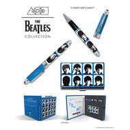View of the Pen with the cap on, with the cap set to the side, the front of the card case, and front and back views of the presentation box.