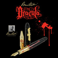 Graphic of the Dracula Fountain Pen. The rollerball attachment is placed on the side with the cap. Set on a black background.