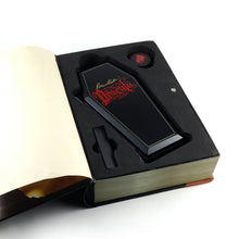 Load image into Gallery viewer, View of the coffin inside the slot of the book-shaped box. There is also a slot allocated for the ink bottle, and the rollerball section. Set on a white background.
