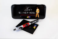 Arrangement of the Pen's case, the included pamphlet, and the rollerball pen on a white background. The top of the case has a that reads ELVIS PRESLEY LIMITED EDITION PEN, with an image of elvis to the right.