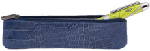Load image into Gallery viewer, A blue embossed leather pen case with a yellow pen inside. 

