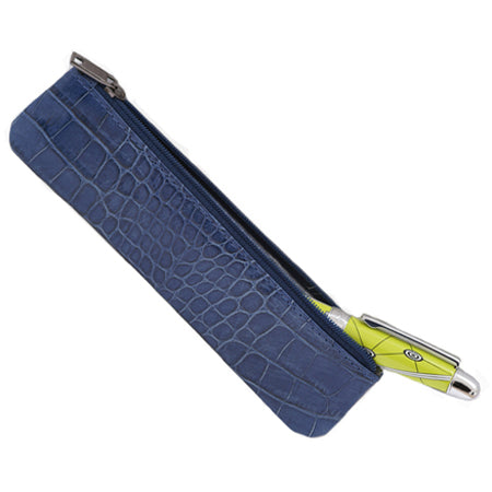 Blue Crocodile Embossed Leather Single Pen Case
