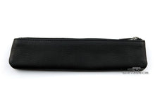Load image into Gallery viewer, Front view of the black leather pen sleeve. 
