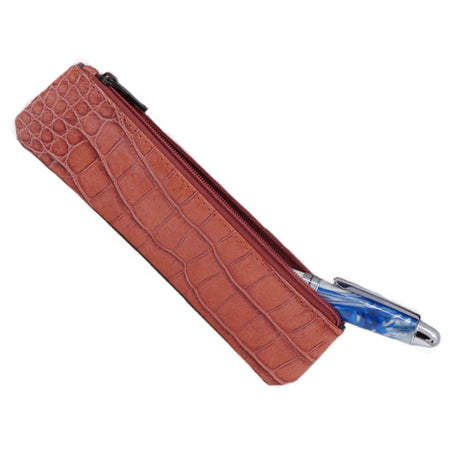 Pink Crocodile Embossed Leather Single Pen Case