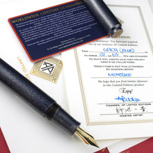 Load image into Gallery viewer, Arrangement of the Fountain Pen with the cap set aside on top of the included certificates. 
