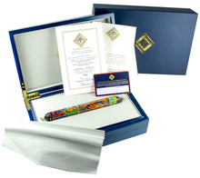 Load image into Gallery viewer, View of the Fountain Pen in the presentation box. the documents, felt fabric, and outer box is arranged around it on a white background. The design of the packaging may vary per pen.
