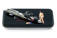 Top view of the pen case with the rollerball placed on top. Set on a white background. The lid of the case is black with a print that reads ELVIS PRESLEY LIMITED EDITION PEN, with a photo of Elvis to the right. The ACME logo is at the bottom. 

The pen is a white in color with chrome trims, and a silhouette design of Elvis singing on the barrel. 