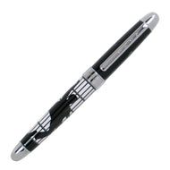 Front view of the rollerball on a white background. Set on a white background. The trims are chrome, the cap is black, and the barrel has an outline of Elvis on a pose behind the some jail bars. 