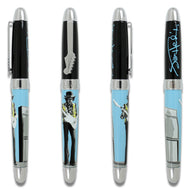 View of the sides, front, and back of the rollerball pen. The cap is black, and the clip on it is in the shape of a guitar neck. It has a signature in blue. The barrel has an image of Jimmi Hendrix with his guitar and amplifier on a light blue background.