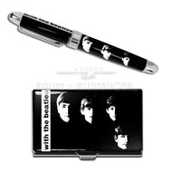 Side view of the rollerball and lid of the card case. Set on a white background.