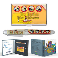 Graphic showing the contents of the set. The Card case, Rollerball Pen, and presentation box. Set on a white background.