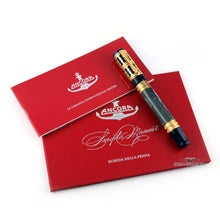 Load image into Gallery viewer, Angled view of the Fountain Pen on top of the two included red documents. Placed on a white background.
