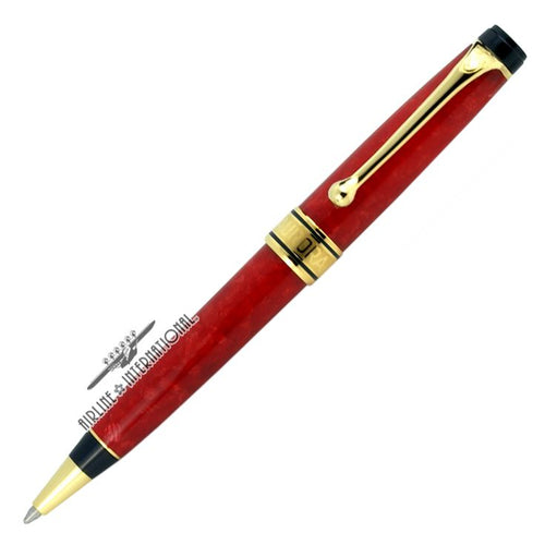 Front view of the ballpoint pen on a white background. It has  are red marbled resin body with gold-plated accents.
