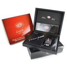 Load image into Gallery viewer, Fountain Pen with its contents: The presentation box, ink bottle, outer box, and red sleeve. Arranged on a white background.
