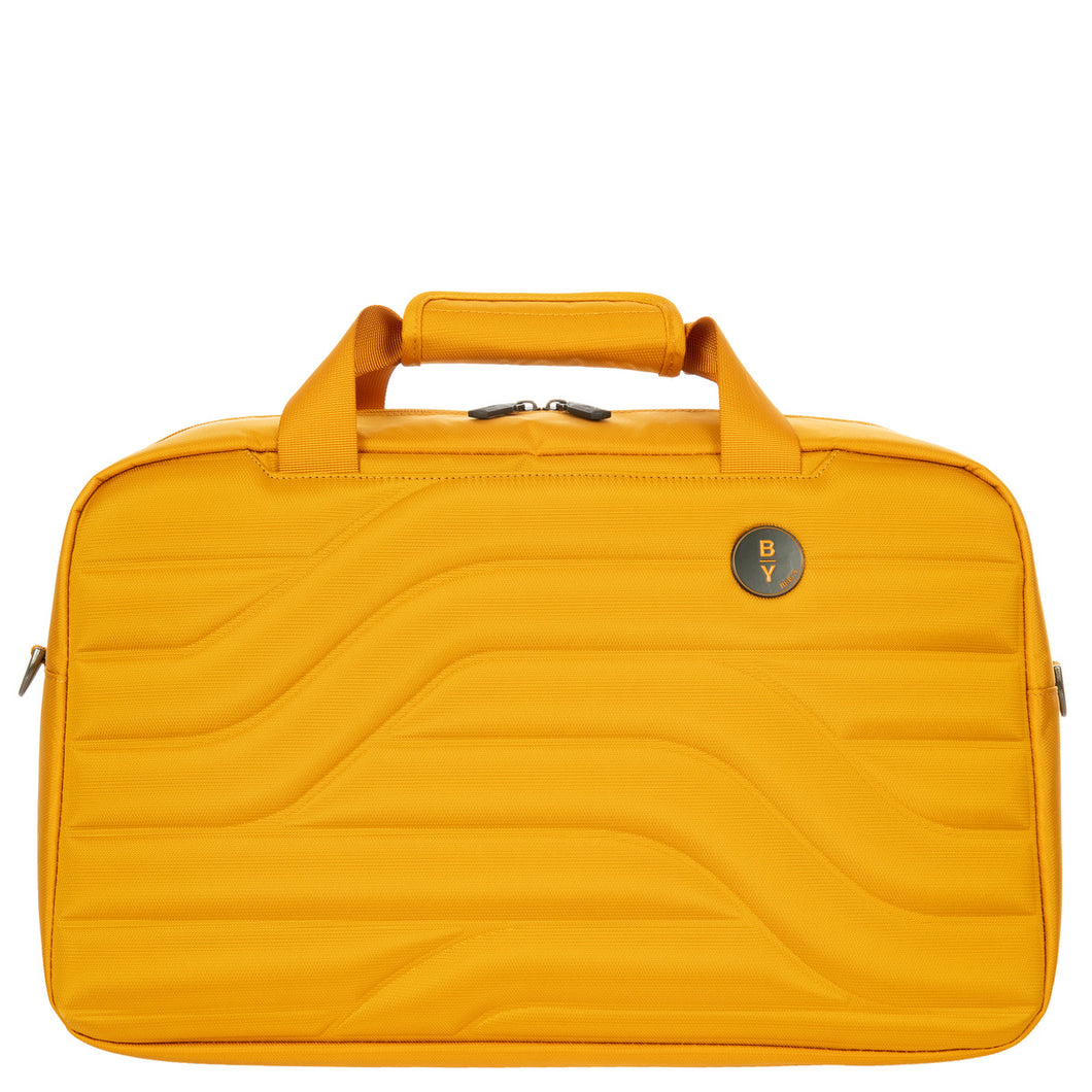 Front panel view of the 18 inch duffle in mango yellow. Set on a white background. 