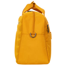 Load image into Gallery viewer, Side view of the 18 inch mango yellow duffle bag on a white background.
