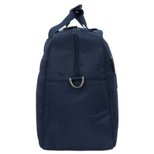 Load image into Gallery viewer, Side view of the 18 inch navy blue duffle bag on a white background. 
