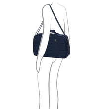 Load image into Gallery viewer, The duffle bag held by a drawn model.
